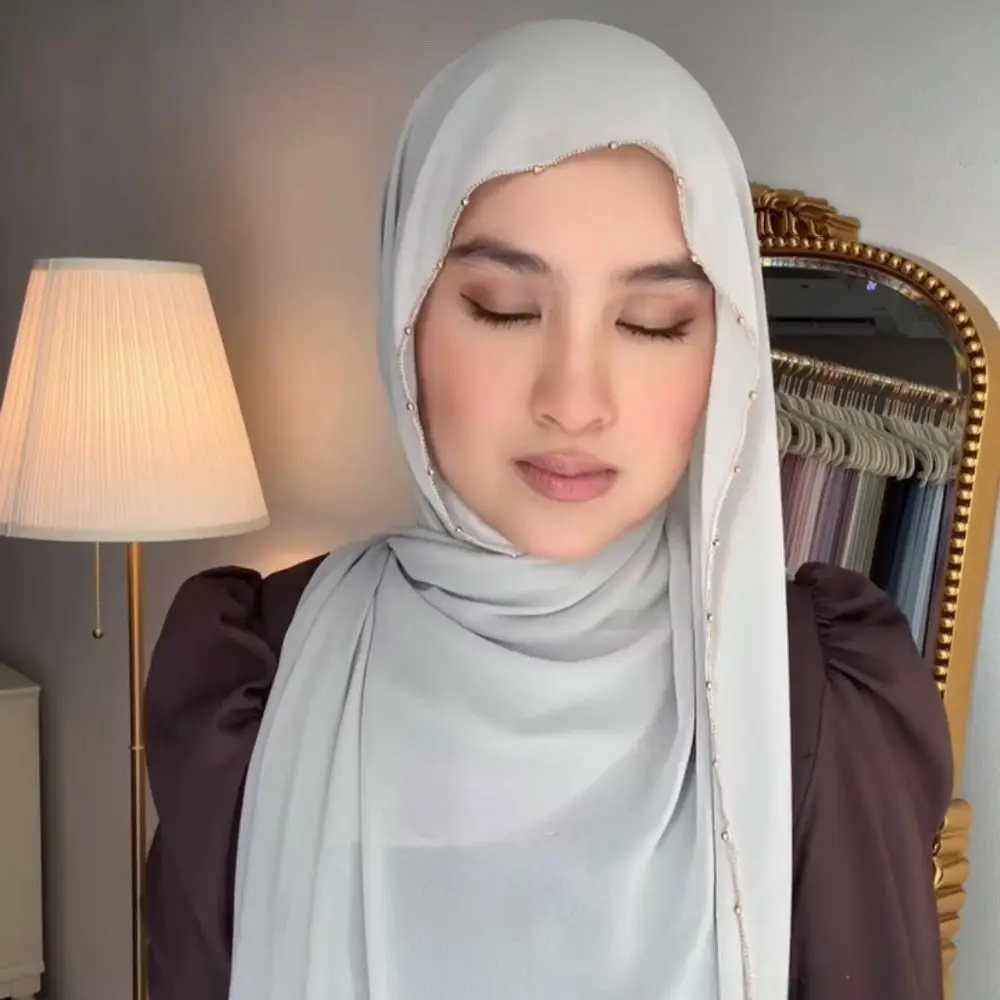 

Elegant Solid Color Ethnic Style Scarf Long Beads Chain Headscarf Bandana Thin Hijab Scarf Female