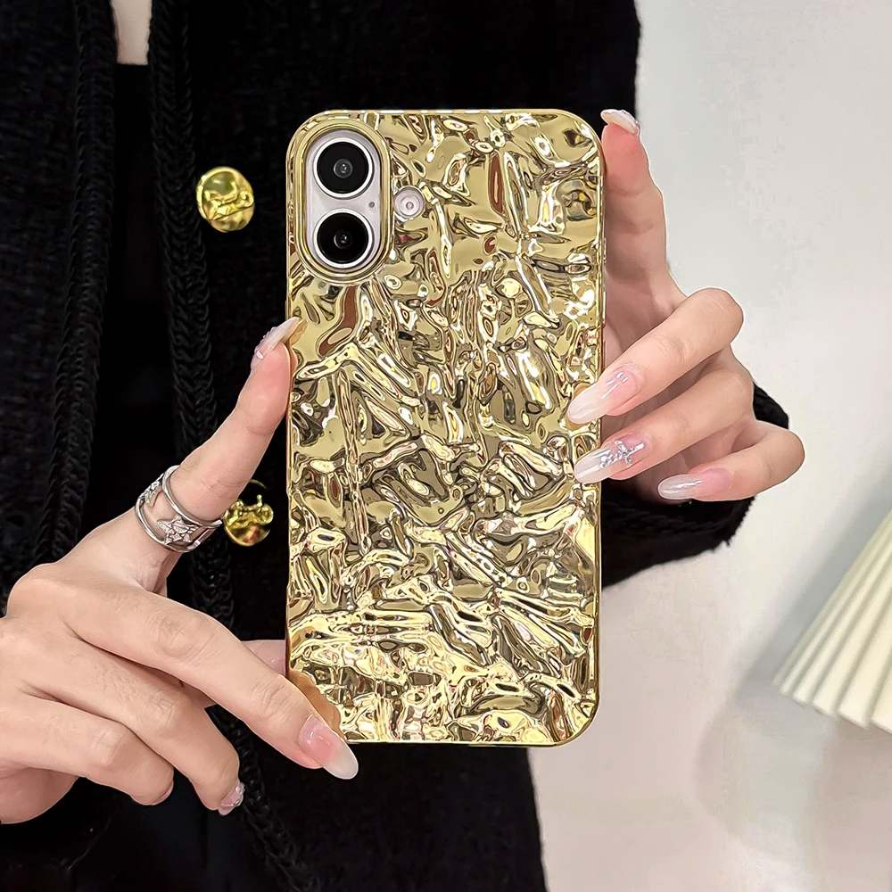 Luxury Golden Tin paper Pattern Phone Case For iPhone 16 15 14 13 12 11 Pro XS Max XR X Electroplated Soft Shockproof Cover