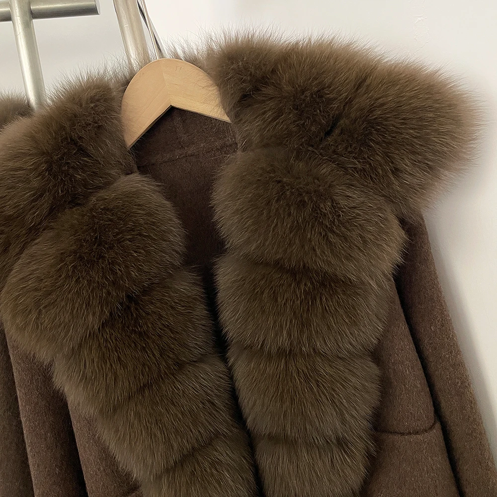 OFTBUY Pockets Luxuriöser Warmer Winter-Mode-Mantel für Damen, Neuer Damen-Cropped-Mantel aus doppelseitiger Wolle mit Echtfuchsfellkragen – Detail 13