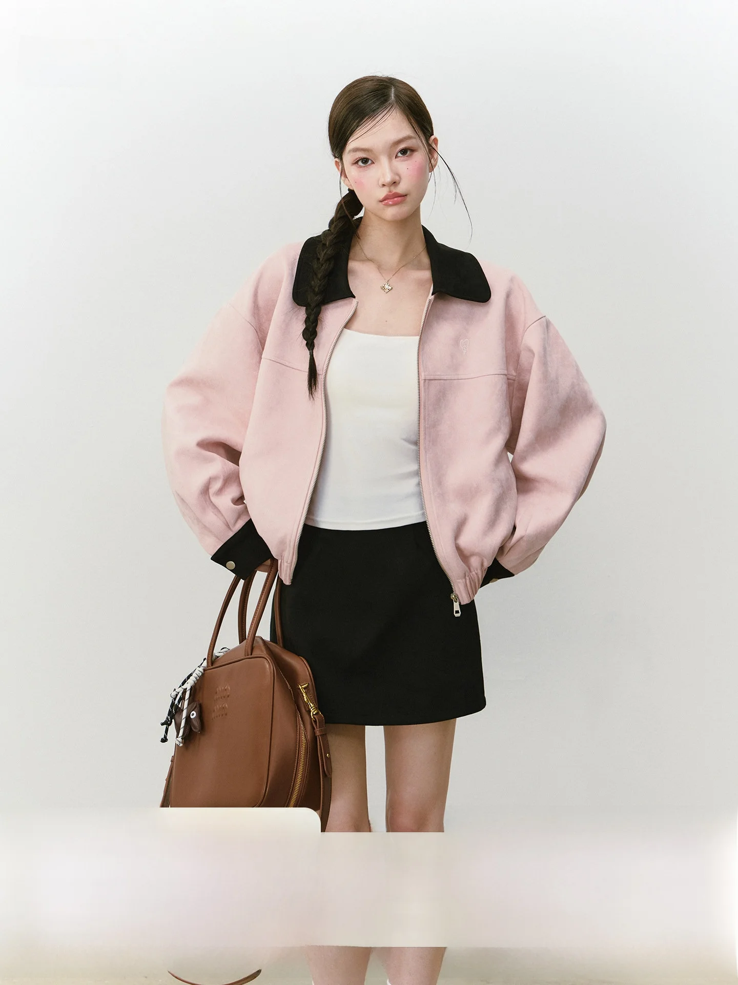 

Iceeyy Two-Tone Collar Jaet Women's Loose Fit ket American Retro Sle Top Zipper Closure Long Sve Commute Faion