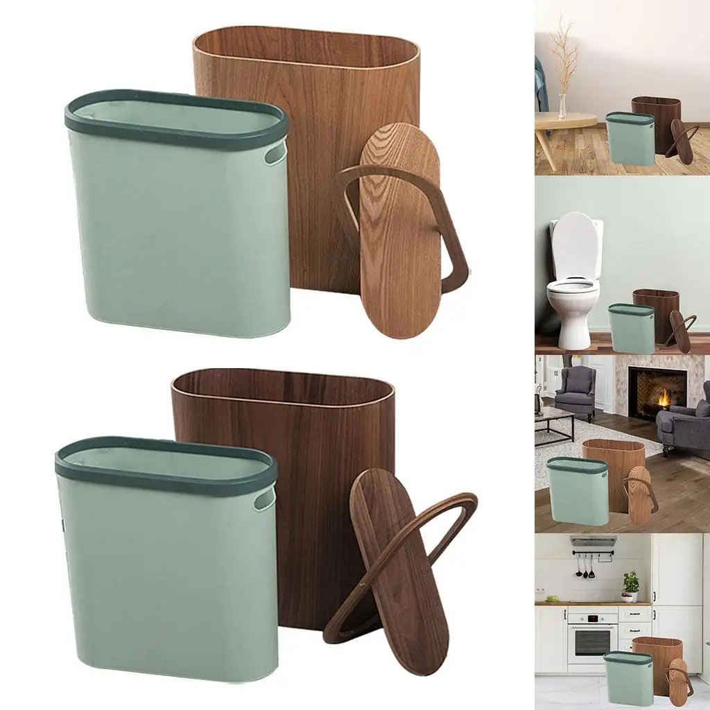 

Wooden Oval Waste Bins Cleaning Creativity Small with Lid Narrow Wooden Trash Solid Wood Wastebasket for Home Bathroom Rooms