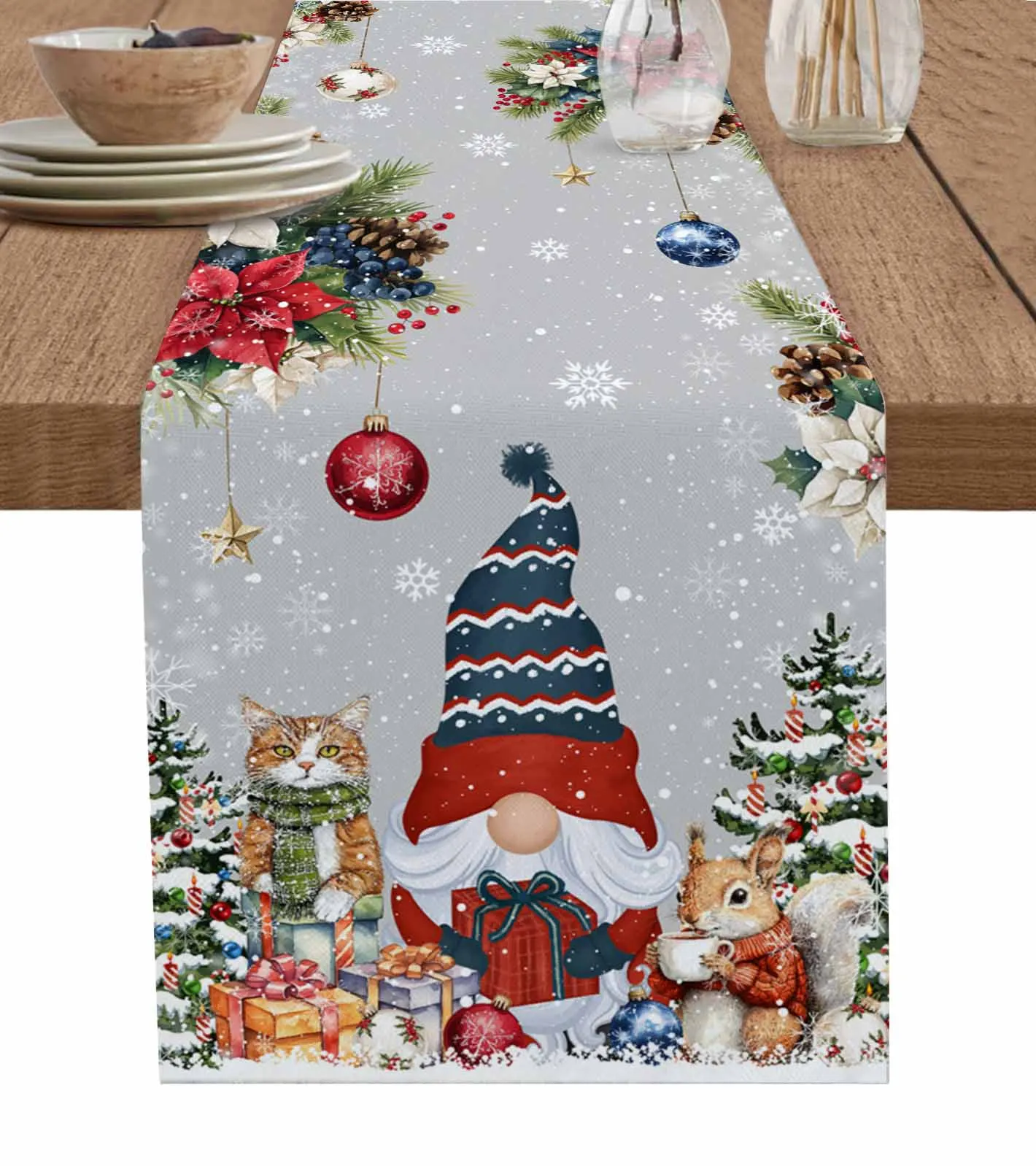 Dwarf Snowflake Christmas Tree Ball Gift Cat Squirrel Linen Table Runner Dresser Scarves Decor Kitchen Dining Table Decorations