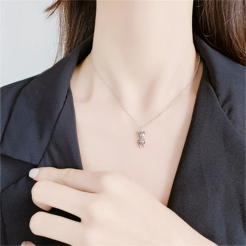 Retro Graffiti Bear Cartoon Cute Animals 925 Sterling Silver Necklace For Women Birthday Gift NE685