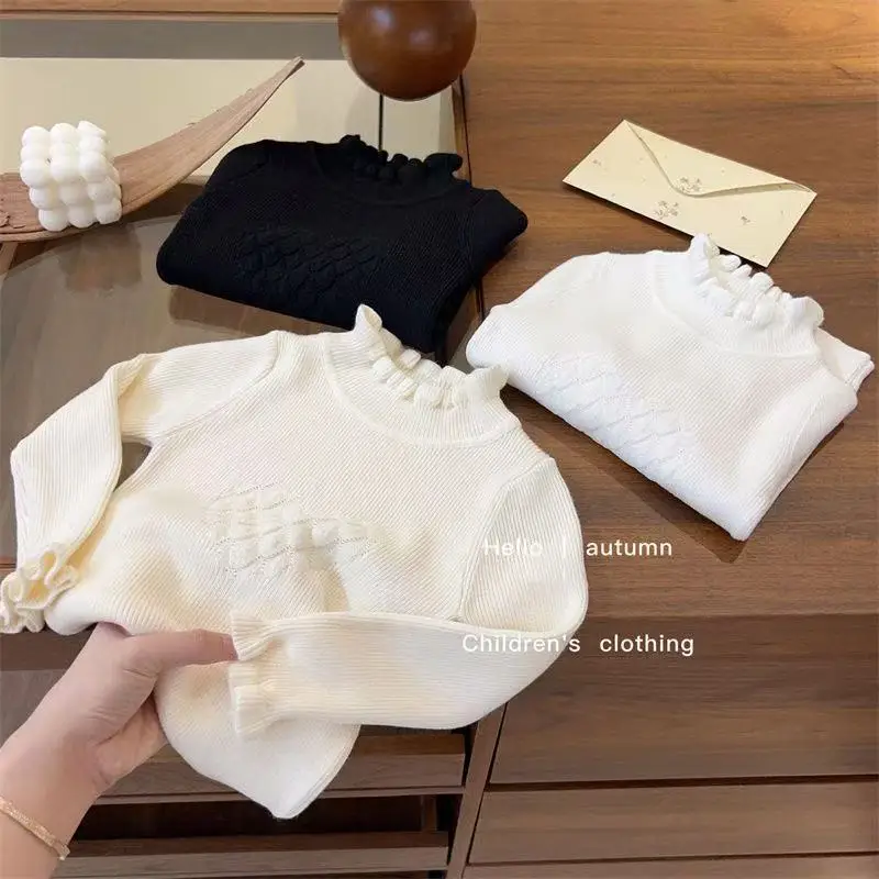 Girls' Autumn Sweater New Style Children's Baby Solid Color Knitted Elastic Half High Collar Long Sleeve Base Sweater 90-140CM