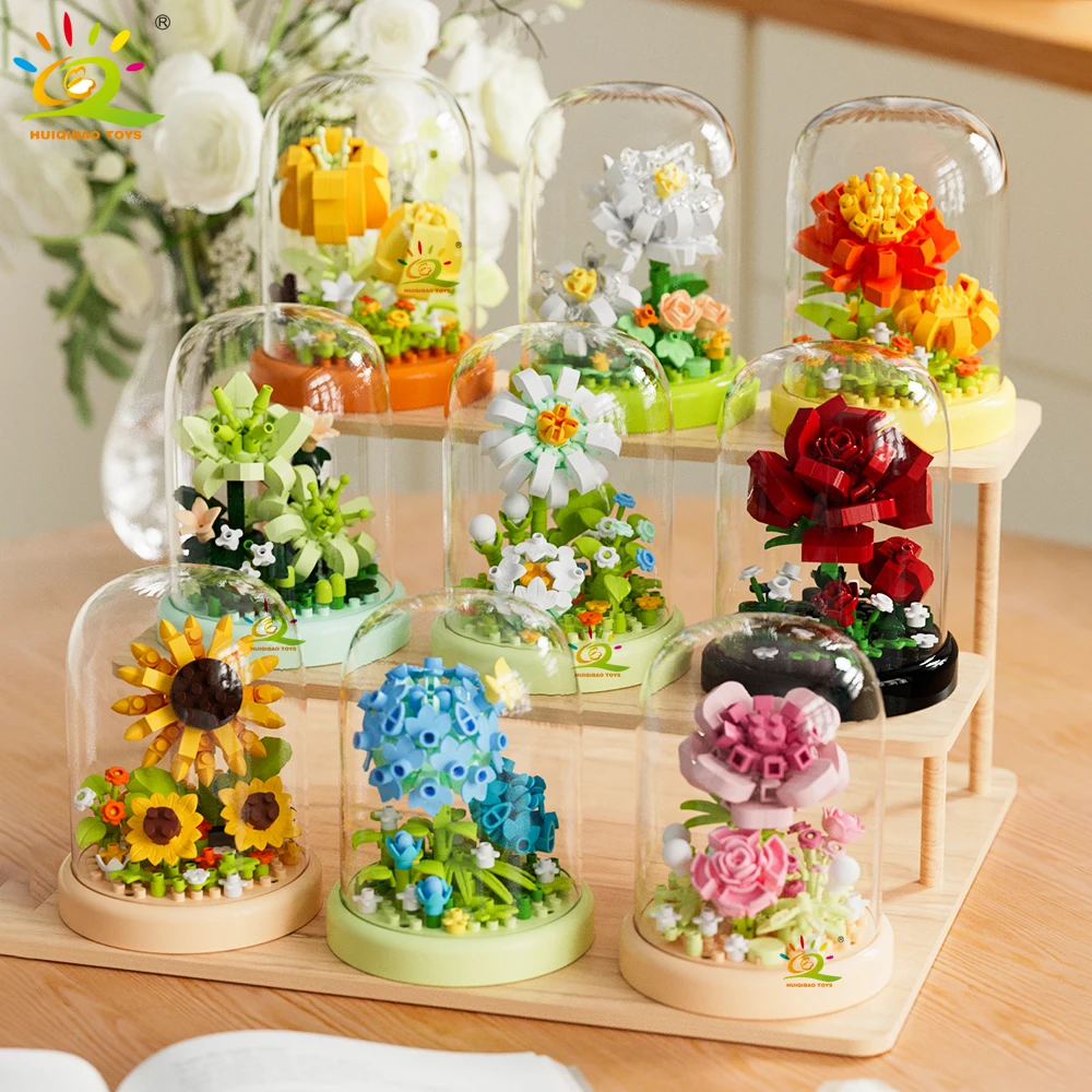 HUIQIBAO MOC Flower Display box Micro Building Block Rose Succulent Mini 3D Diamond Model Brick Toy for Children Desk Decoration