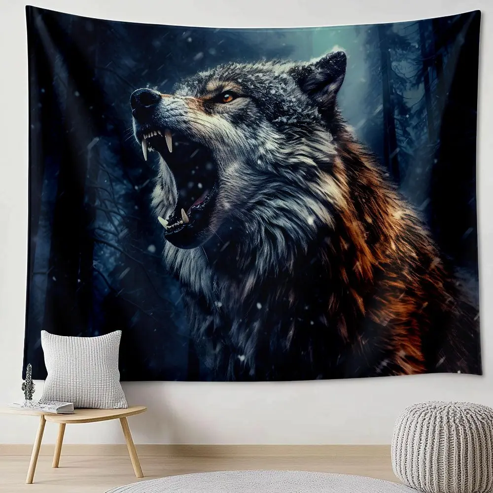 1pc Nordic Style Snowy Night Wolf Howl Tapestry, Wild Roar Under Forest Moonlight, Wall Hanging for Living Room Bedroom Decor, M