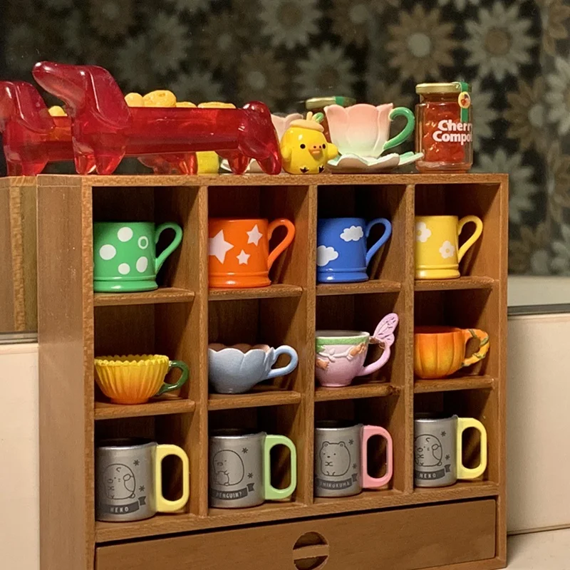 1/6 Cup Holder Storage Rack Solid Wood Mini Bookcase Cabinet Doll House Mini Model Dollhouse Studying Room Accessories New ,B