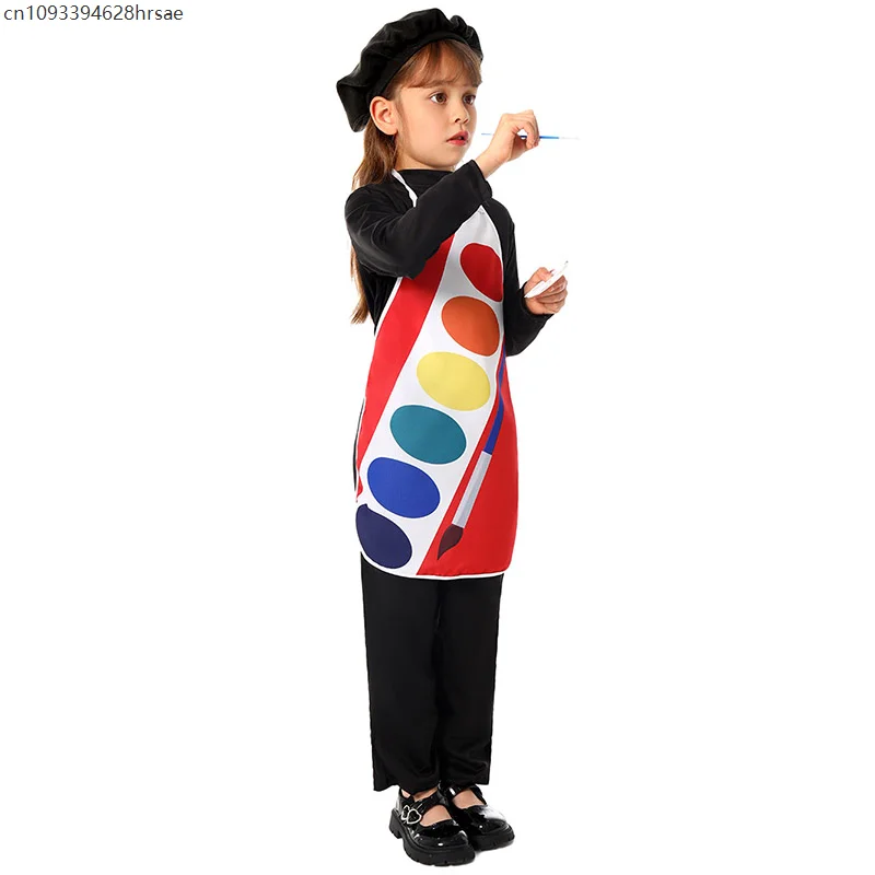 幼児女の子水彩ペイントパレットプリントエプロンベレー帽衣装子供アーティスト画家ドレスアップハロウィンコスチューム子供用