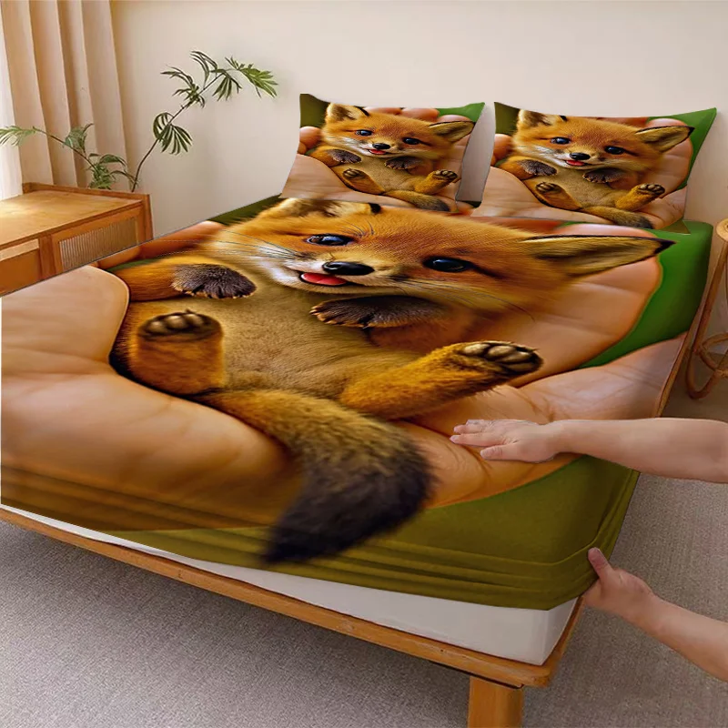 Cute Little Fox Set, Breathable and Comfortable Mattress Protector, Breathable Polyester Material (Includes 1 Fitted Sheet + 2 Pillowcases), Fitted Sheet Style, Protective Cover, Mattress Protector, Fitted Sheet Style, Protective Cover, Mattress Protector, Fitted Sheet Bedding, Christmas Themed Bedding