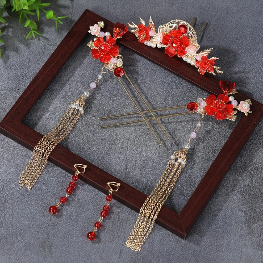 Elegant Flower Bridal Headwear Tassel Plastic Wedding Hair Sticks Chinese Style Dangling Ornament Earrings Hairpin Set Girl