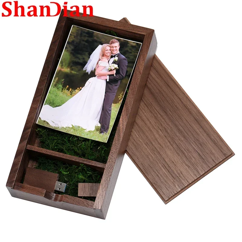 SHANGDIAN Wedding Photo Frame USB Flash Drives Natural Wood 128GB Free Custom Logo Pen Drive Pendant  Memory Stick Wedding Gift