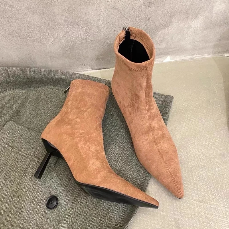 Pointed Toe Women's Boots High Heels Shoes Sexy Woman Short Boots 2026 Winter Elegant Suede Pumps Trend Zip Chelsea Boots Mujer