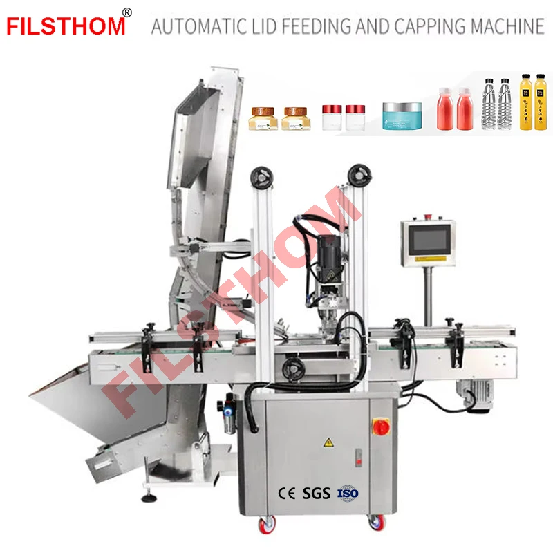Automatic Clamping Capping Machine With Caps Sorting Feeder For Cans Bottles Jars Screw Lids