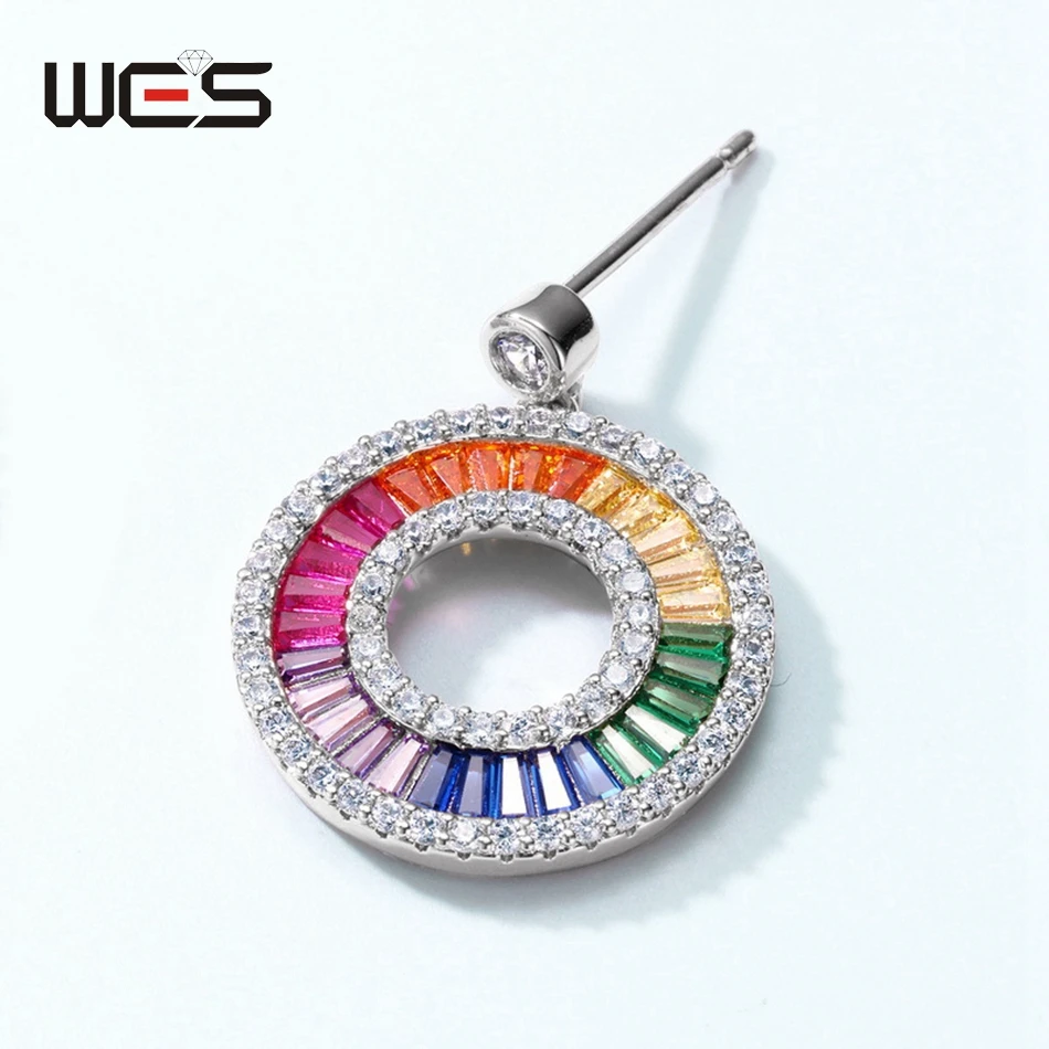 WES 925 Sterling Silver Earrings for Women Rainbow Colorful Zicron Party Wedding Engagement Gifts Luxury Fine Jewelry Elegant