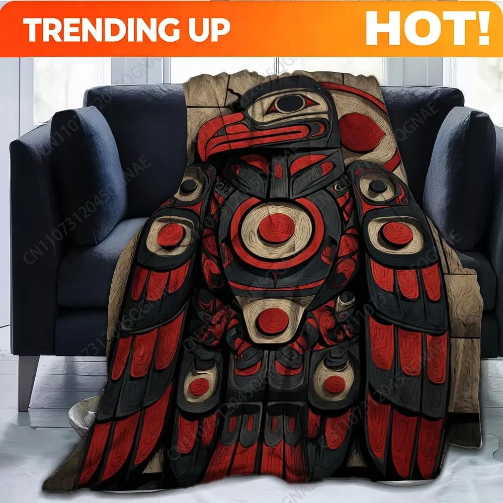 Custom 1pc Haida Raven Totem Throw Blanket - Soft Flannel All-Season Warmth, Red & Black Feather Design, Machine Washable For So