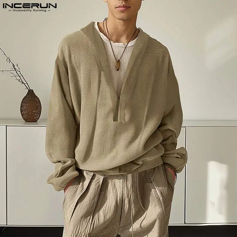 INCERUN Tops 2024 Korean Style Casual New Men Deep V-neck Pullovers Autumn Winter Male All-match Long Sleeved Sweatshirts S-5XL