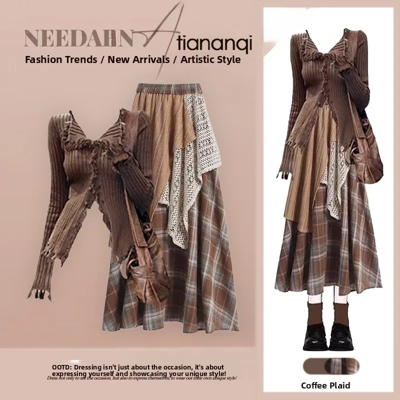 

Осенний вязаный комплект из двух предметов для женщин с клетчатой юбкой и лоскутным дизайном. Повседневный длинный топ и юбка.