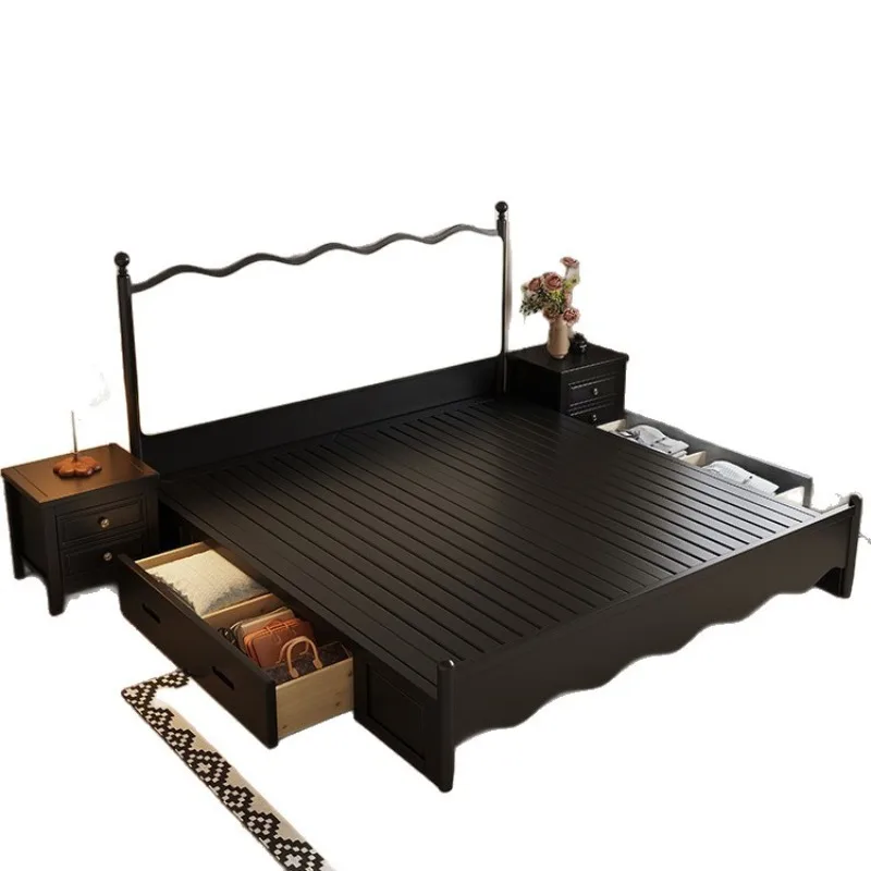 

French vintage black solid wood bed 1.8m double bed