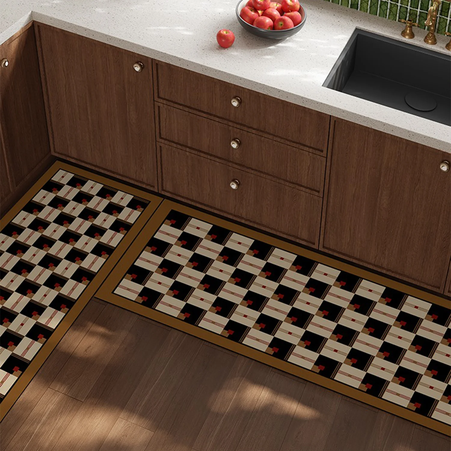 

Retro Kitchen Carpet Checkerboard Plaid Long Strip Runner Rugs Non-slip Oil-proof Waterproof Impermeable Floor Mat Washable Rugs