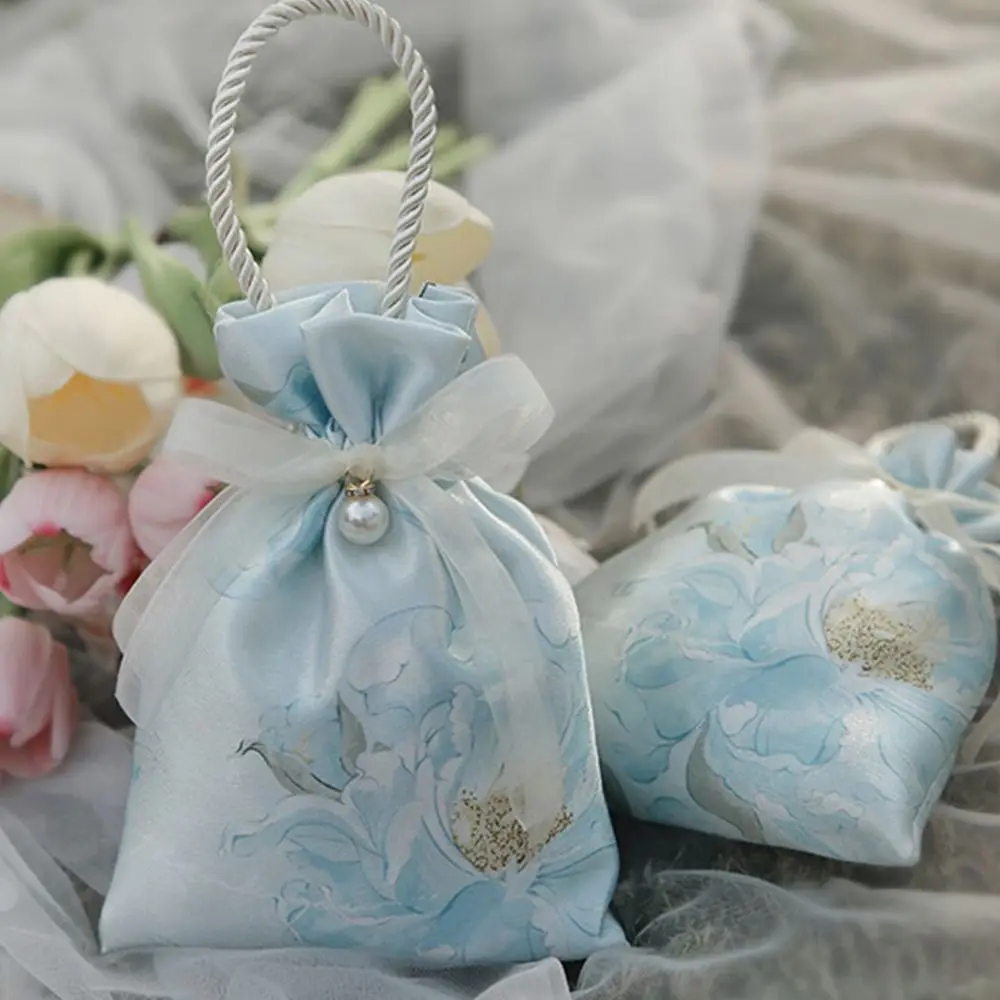 Flower Canvas Drawstring Bag Korean Style Pearl Pendant Canvas Knot Wrist Bag Jewelry Packing Bag Bucket Bag Wedding Candy Bag