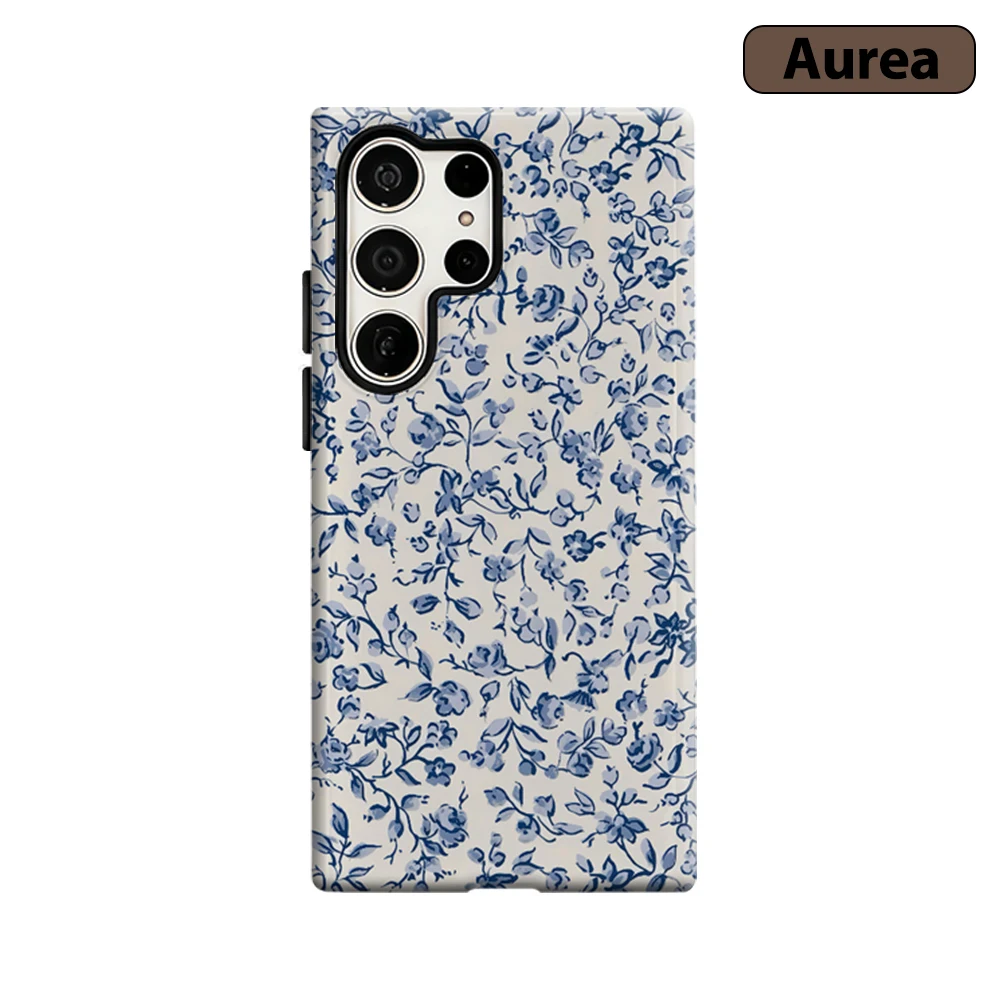 Blue Floral Watercolor Phone Case for Samsung Galaxy S25 Ultra S24 S23 Ultra Plus Shockproof Double Layer Tough Back Cover