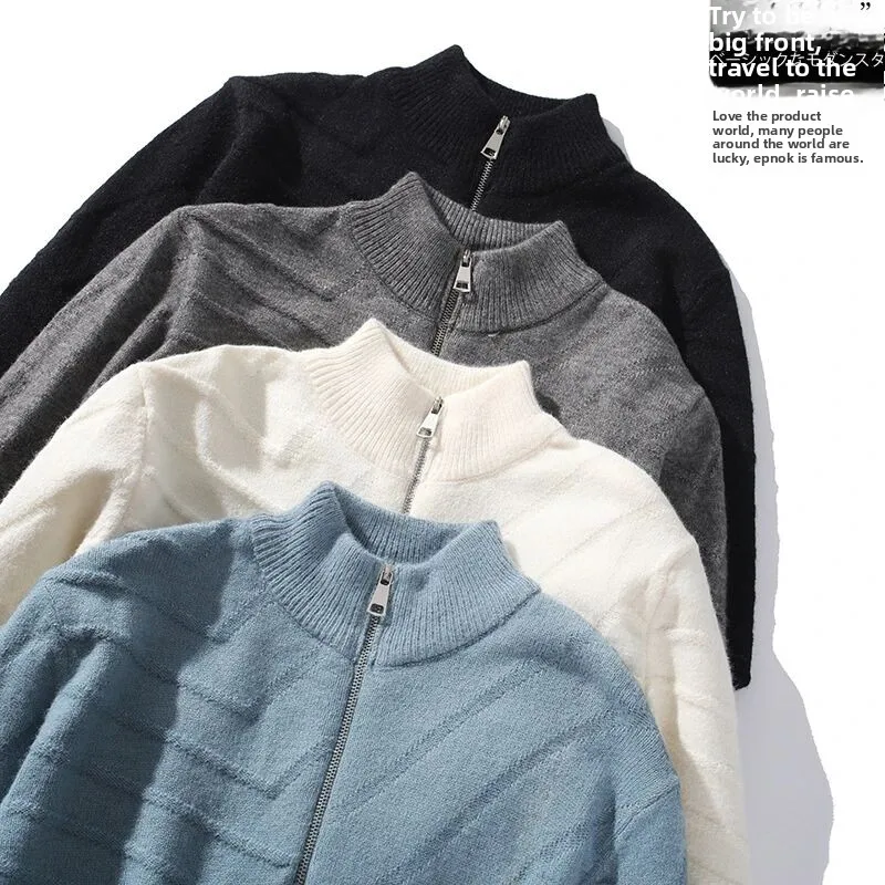 

Мужская зимняя утепленная эластичная теплая толстовка на молнии с воротником-стойкой, вязаный свитер с цветочной вышивкой, повседневный, с длинными рукавами