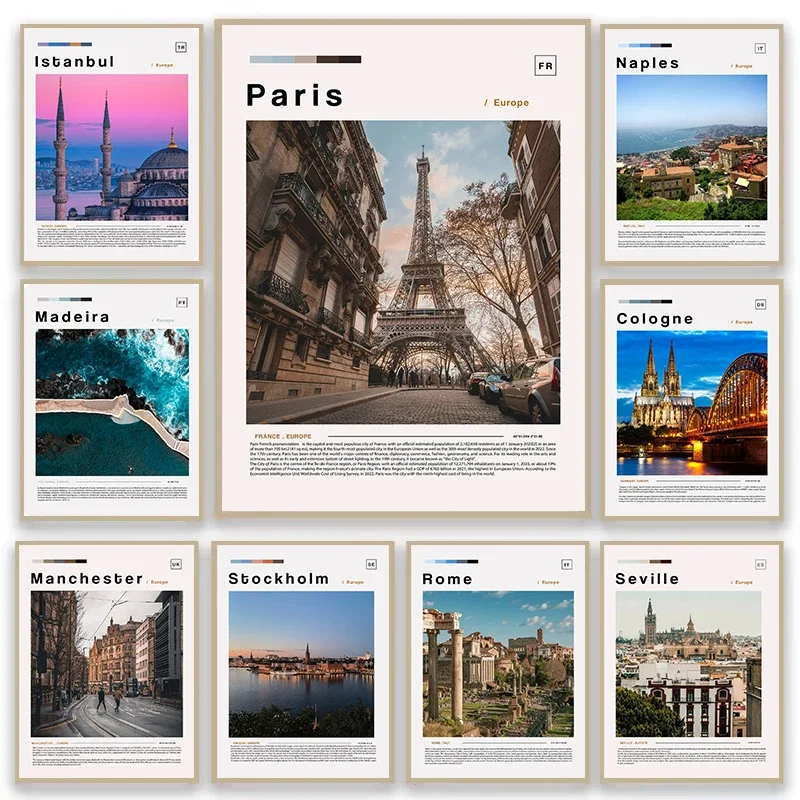 Frameless Canvas PaintingClassic European Travel City Lisbon Paris Rome Istanbul Guide Aesthetic Poster Canvas Painting Wall Art