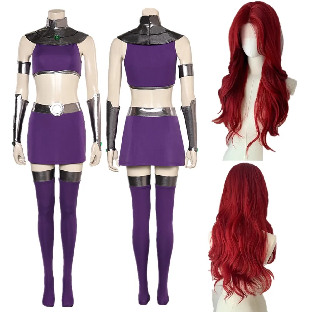 Women Starfire Cosplay Costume Disguise Dress Purple Skirts Tops Wig Props Female Uniform Halloween Carnival Party Suit