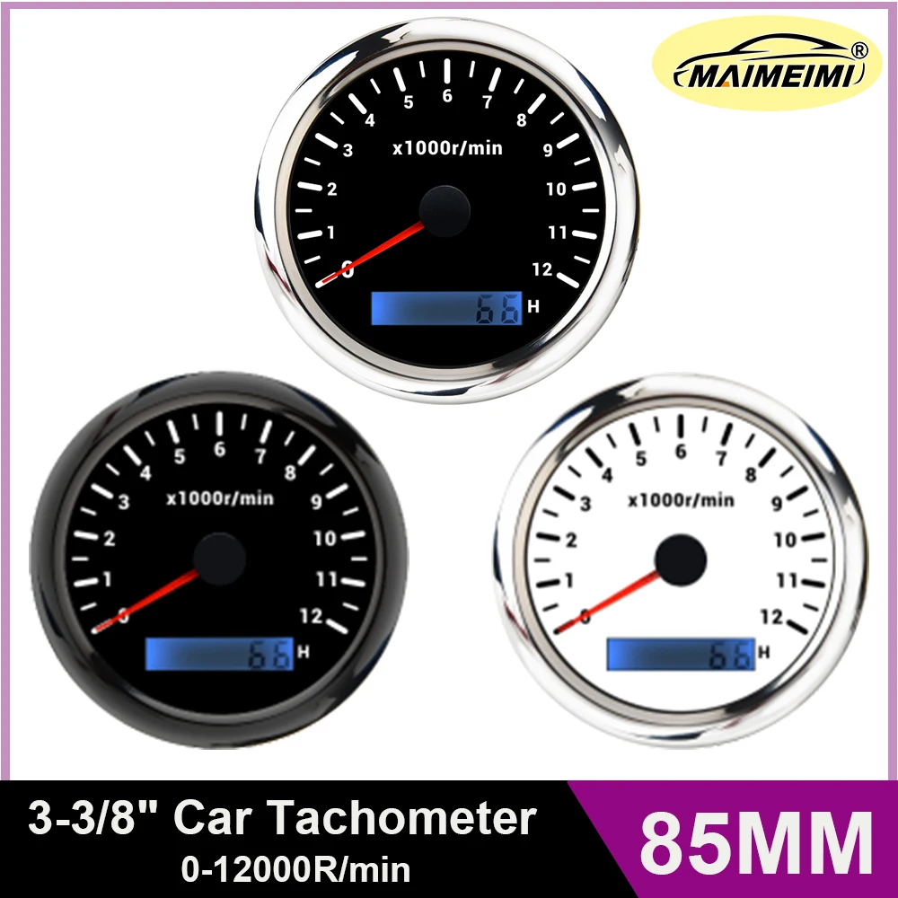 85MM Tachometer 0-12000RPM Waterproof Accessories Auto Gauge Hour Rev Counter 12K Rpm Red Backlight Electrical Gauge For 12V 24V