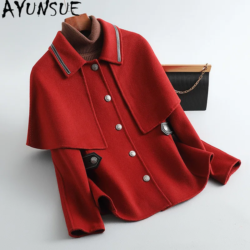 معطف صوف حقيقي 100% من AYUNSUE للنساء سترة صوفية على الوجهين معاطف نسائية أنيقة شال كوري ملابس الخريف الفلسطينية