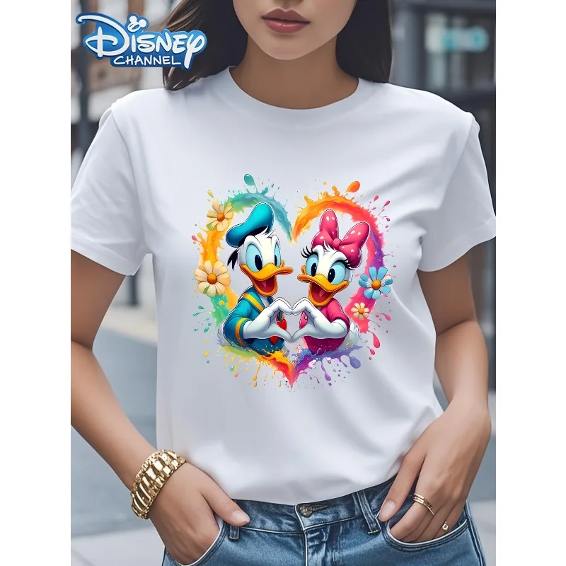 

Disney Mickey and Minnie Heart Pattern Women's T-Shirt Colorful Casual Fashion Short-Sleeve Crew Neck Women's All-Season T-Shirt