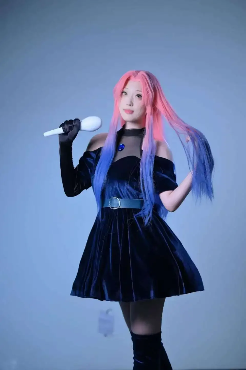 Anime Alien Stage Cosplay Costume Pink Gradient Blue Purple Long Wig Velvet Skirt Mizi Fancy Dark Blue Dress Party Carnival Suit
