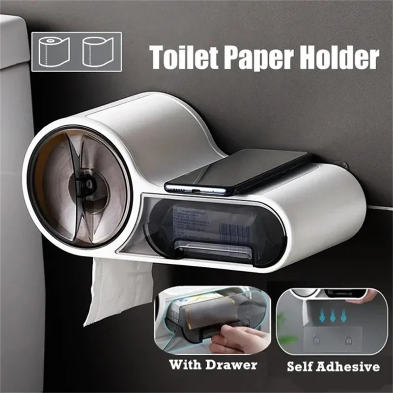 Soporte de papel higiénico autoadhesivo, caja de almacenamiento multifunción para baño, montaje en pared, soporte para teléfono