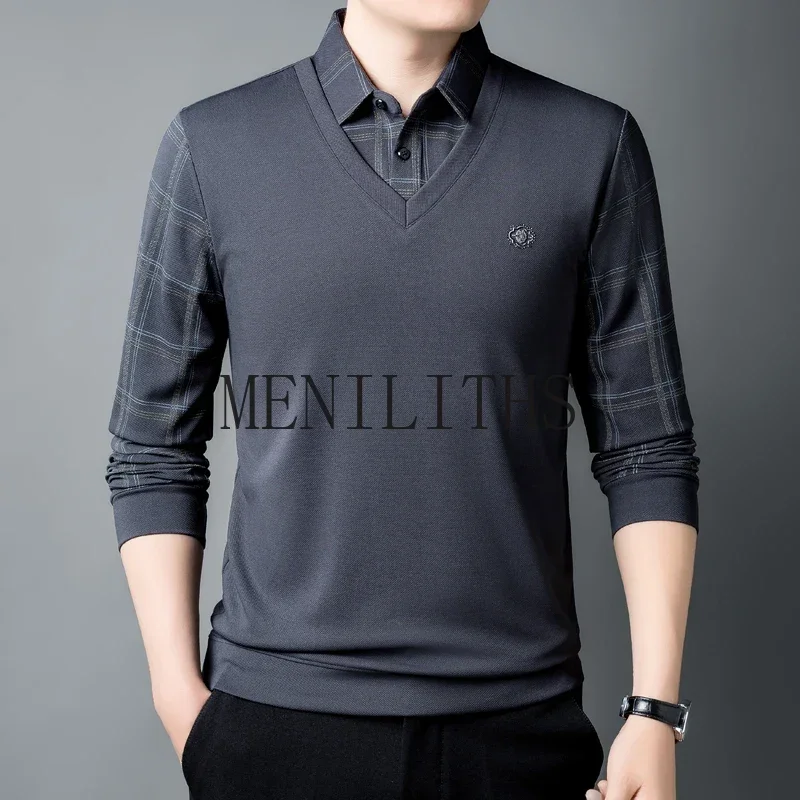 New Fake Two Pieces T-Shirts Man Plaid Turn Down Collar Solid Color T Shirt for Men Fashion Popular Midlife Clothing