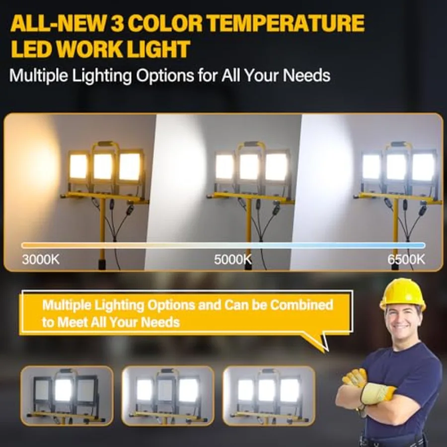Portable LED Work Lights with Stand 31000 Lumen 3 Head Work Lights with Individual Switch 3000K/5000K/6500K Selectable and 16.5