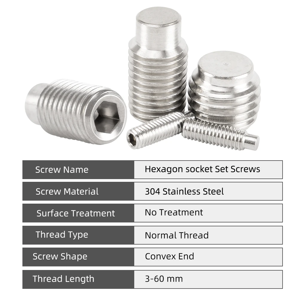 Sekrup Set Soket Heksagonal Ujung Cembung M2.5 M3 M4 M5 M6 M8 M10 M12 M16 304 Sekrup Tanpa Kepala Baja Tahan Karat untuk Kunci Pas Allen