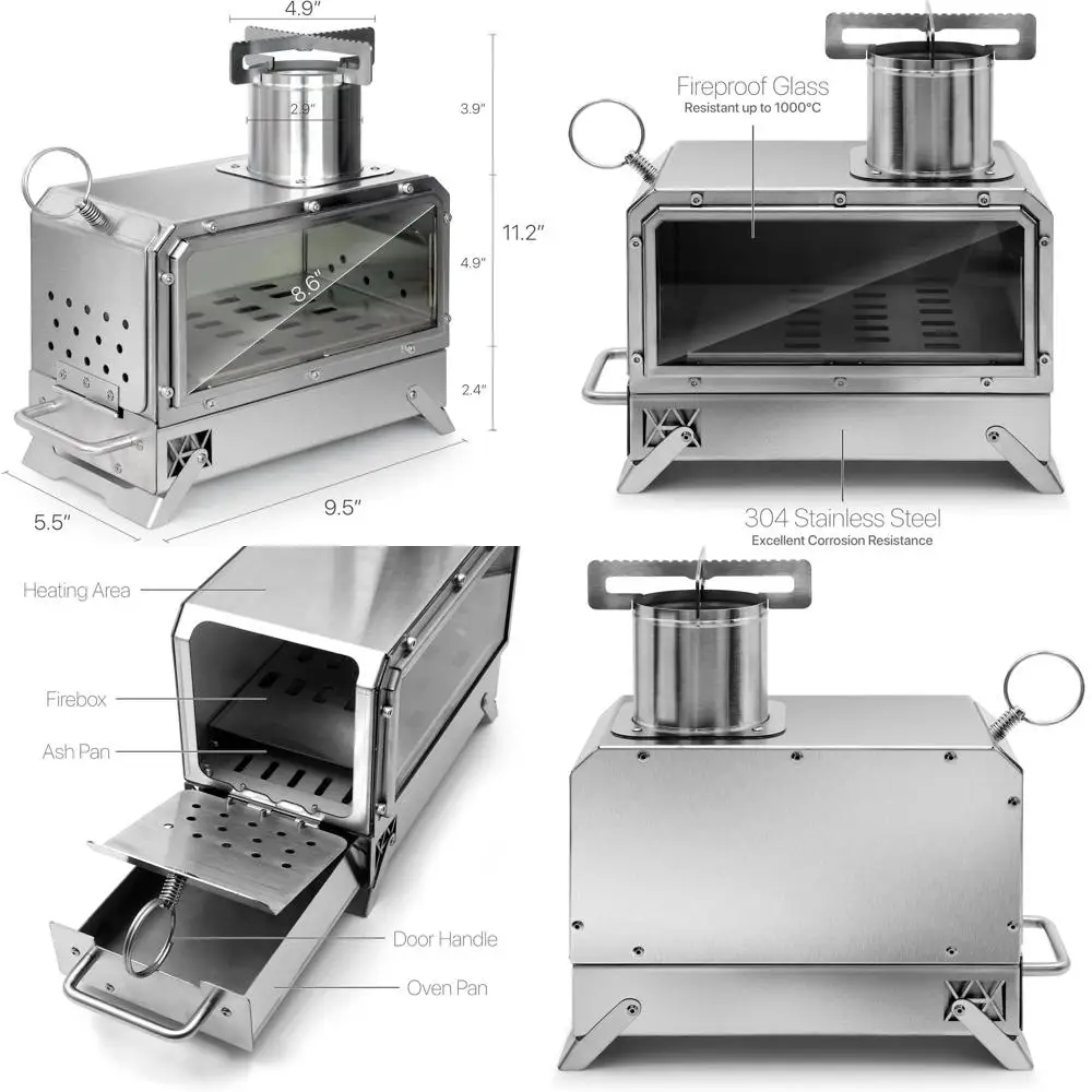 Estufa de leña compacta 9,5 para campamento con vidrio ignífugo, parrilla de acero inoxidable y bandeja calefactora para aventuras al aire libre