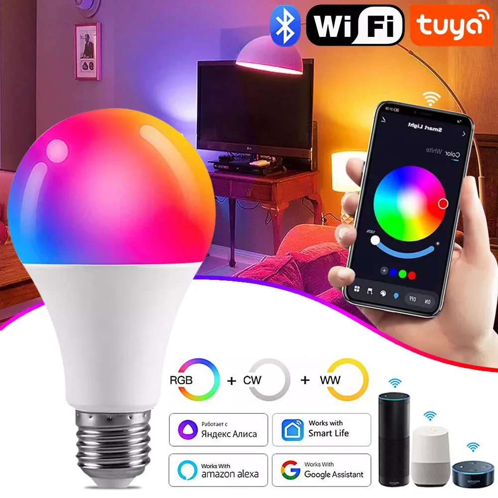 

Умная лампа Tuya RGB E27, управление через приложение, Bluetooth, Wi-Fi, светодиодная лампа с регулируемой яркостью для спальни, гостиной, бара, вечерние освещения, умное освещение