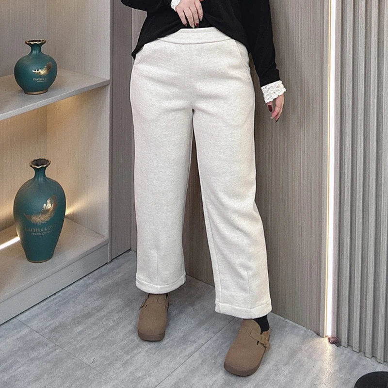 Elastic Waist Fleece Casual Pants Women's Winter Clothing Plus Size Loose Thick Woolen Straight Leg Trousers 8668