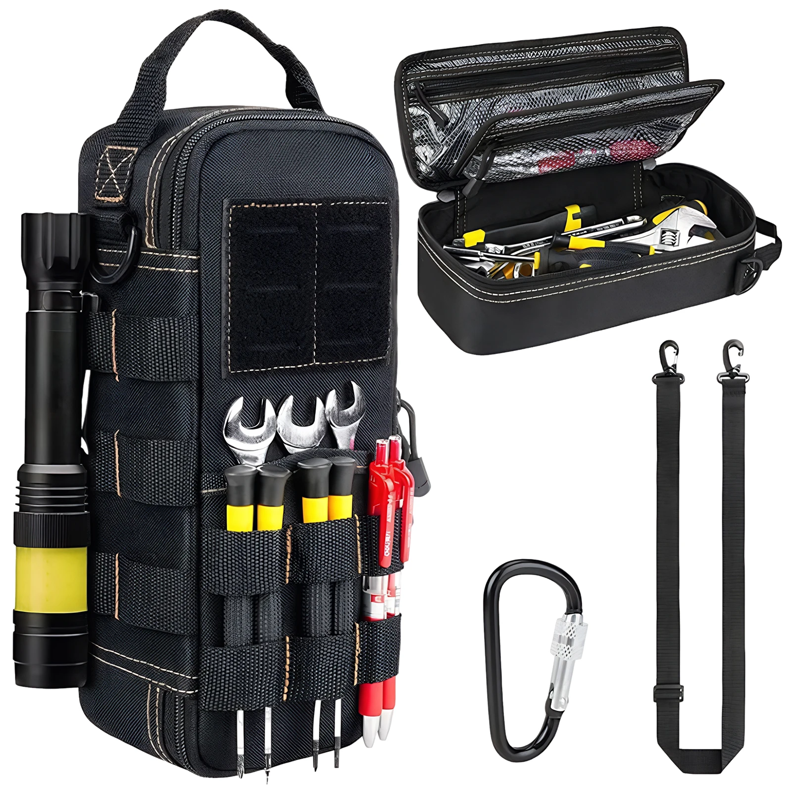 Men Heavy Duty Small Tool Bag with Carabiner&Strap&Handle Electrician Tools Kit Bag Travel Hardware Cases Garden Gear Pouch