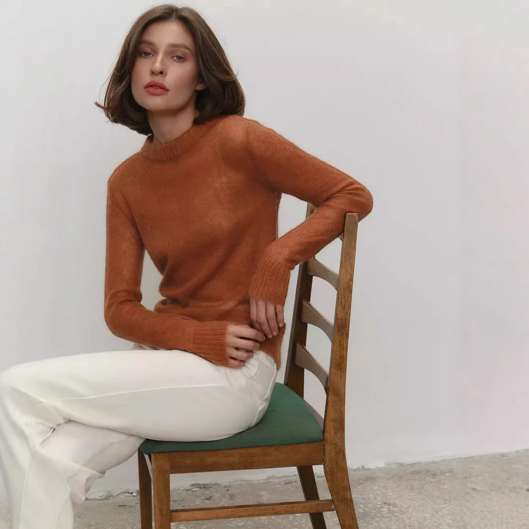 Women Mohair Round Neck Pullover Spring Summer Sheer Semi-transparent Knitted Top See Through Thin Knit Sweater