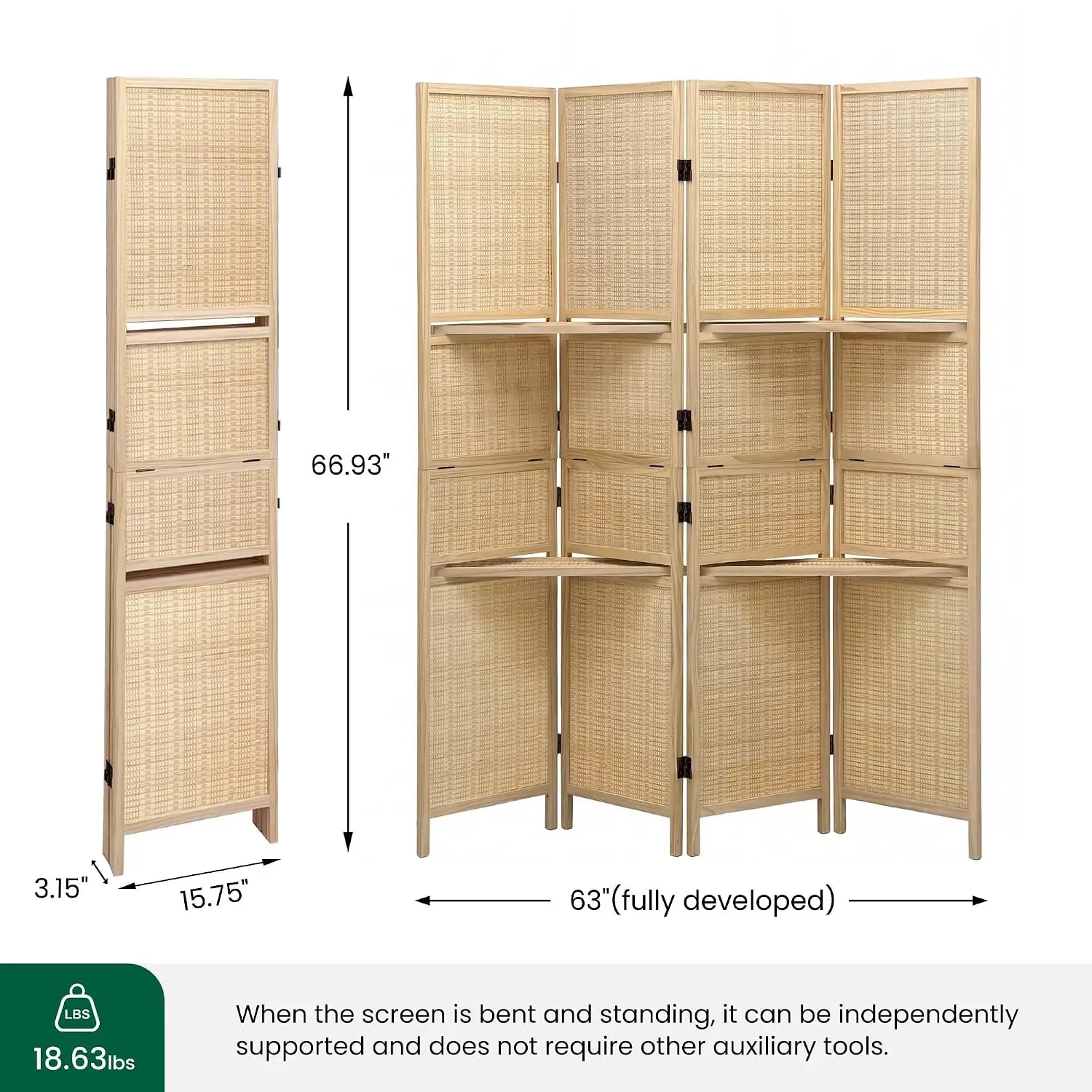 Bamboo Room Divider with 2-Tier Shelves, 4 Panel, 63 x 67 in, Natural, Customized