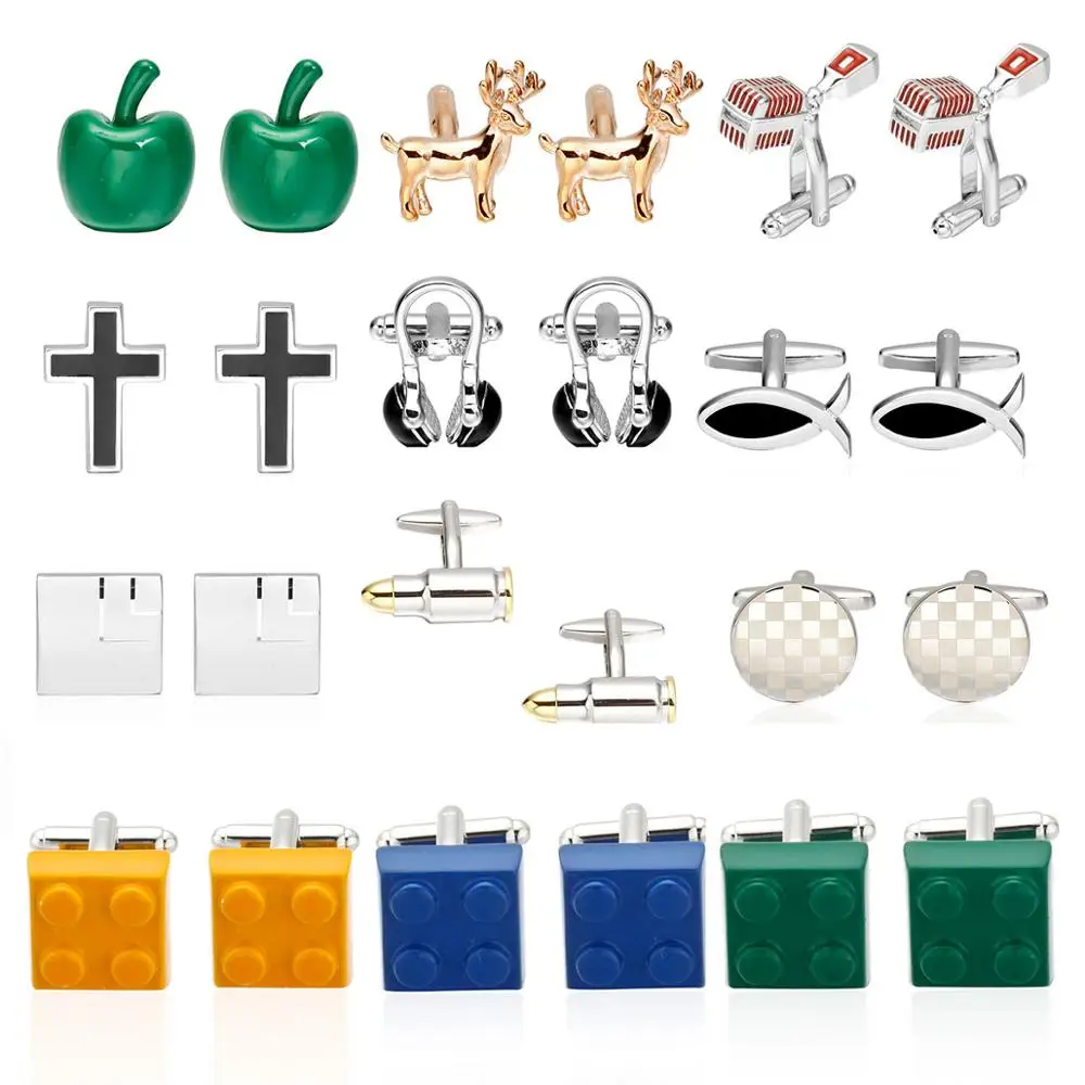 Factory Retail Novelty Cufflinks Multi Designs Option Apple/Deer/Cross/Guitar/Fish/Square Design Cuff Links Men's Jewelry Gift