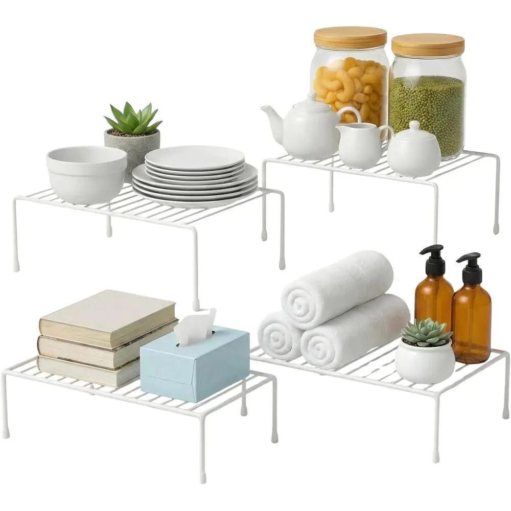 

Kitchen Cabinet Wire Shel Organizer/Rack - 4 Pack Sturdy Large Metal Shel Risers - Double Your Counter Space - Great or Kitchen,