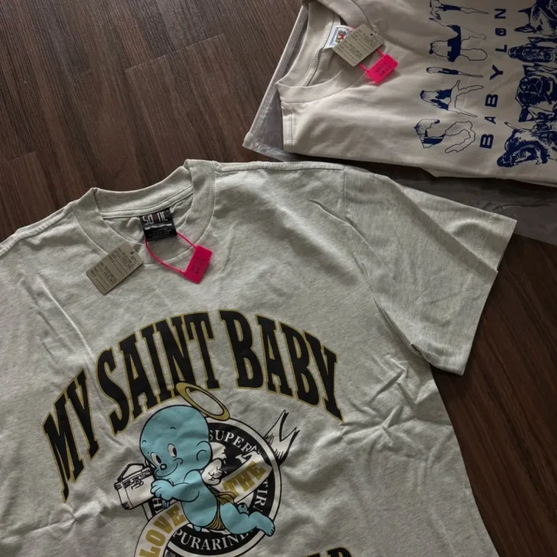 Vintage Washed Worn Saint Tshirts Men Women Summer Outfit Cartoon Angel Tees Blue Graffiti Letter Wolf Dog 666 Short Sleeve Tops