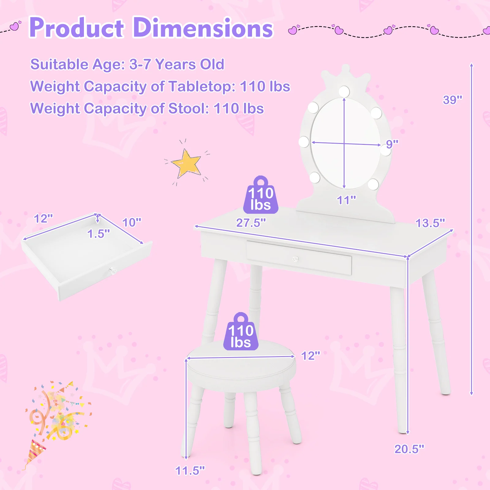 Kids Vanity Set Princess Vanity Table & Chair Set with Lighted Mirror