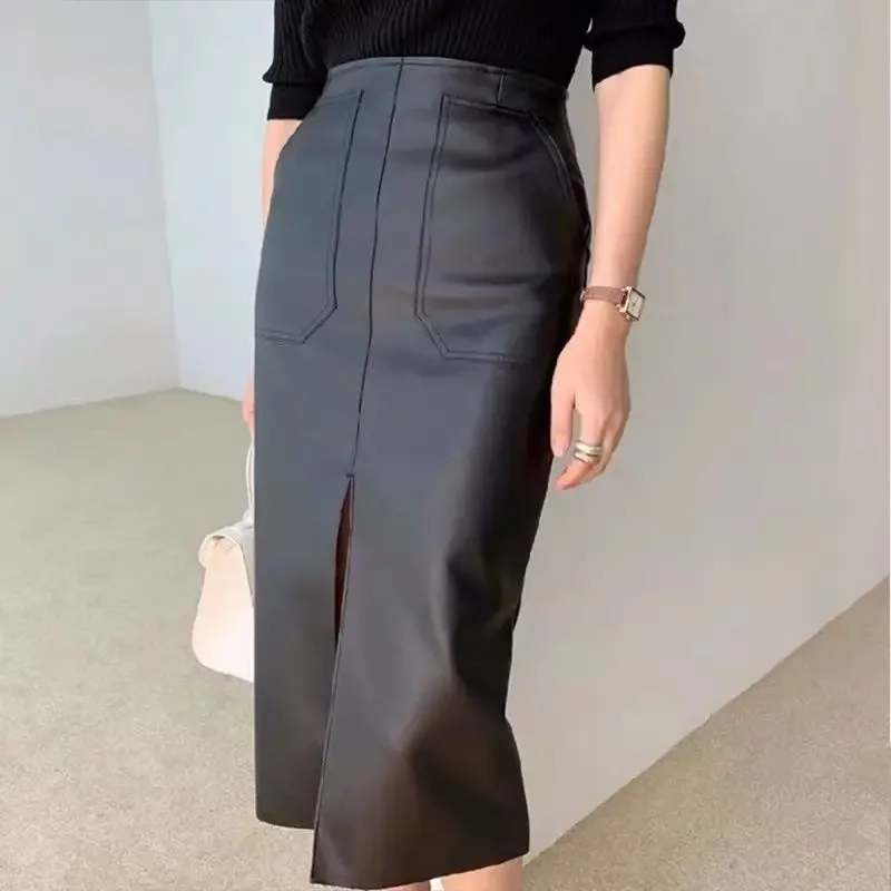 

PU Leather Midi Skirt for Women, Front Center Opening, Split, Long, Casual Fold, High Waist Pocket, Fashion, New, Custom, 2023