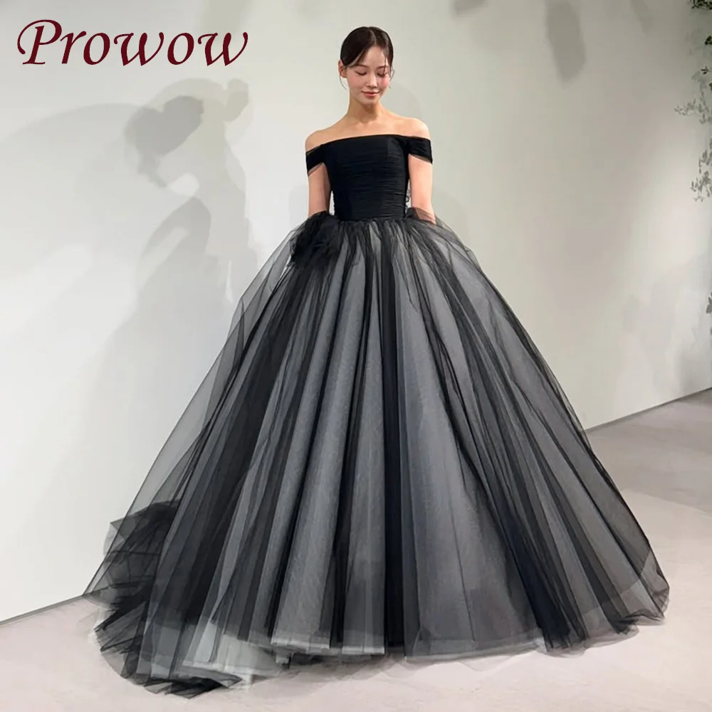 

Prowow Elegant Black Korea Wedding Photo Shoot Dress Tulle Strapless Reception Gowns Princess A-line Customized 웨딩드레스