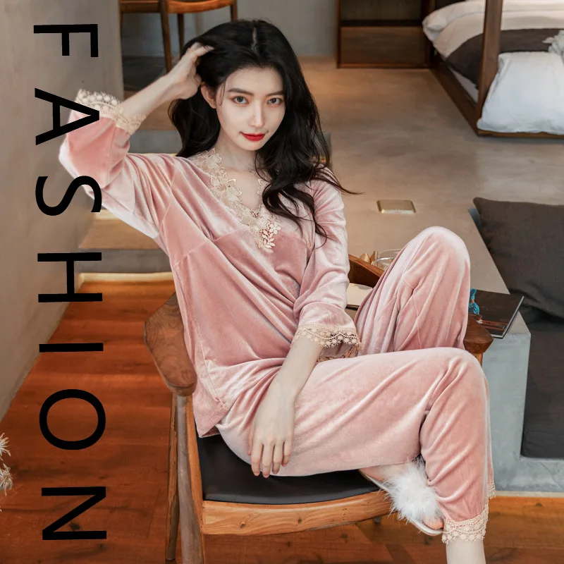 

Осенне-зимние женские пижамы премиум-класса, золотые бархатные брюки с длинными рукавами, весенне-осенний модный свободный повседневный женский комплект