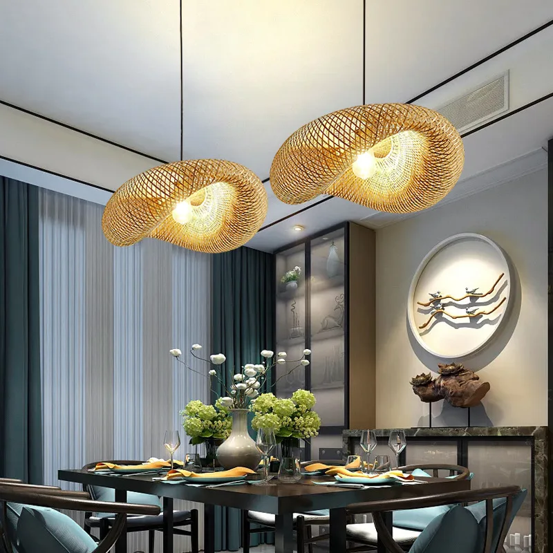2026 New Chines Style Bamboo Woven Chandelier Tea Room Creative Corridor Bedroom Restaurant Straw Hat Art LED Lighting Fixture